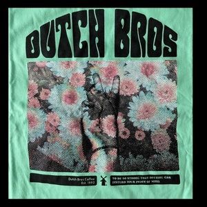 Dutch Bros t-shirt mens XL mint green Peace! in plastic.